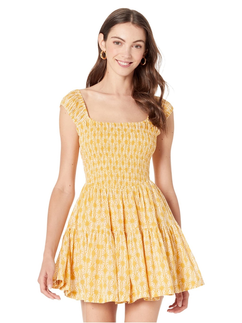 Free People Yellow Printed Smocked Square-Neck Mini Dress